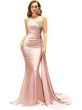Blush Satin One Shoulder Gown Beaded Bodice Draped Formal Dress 6